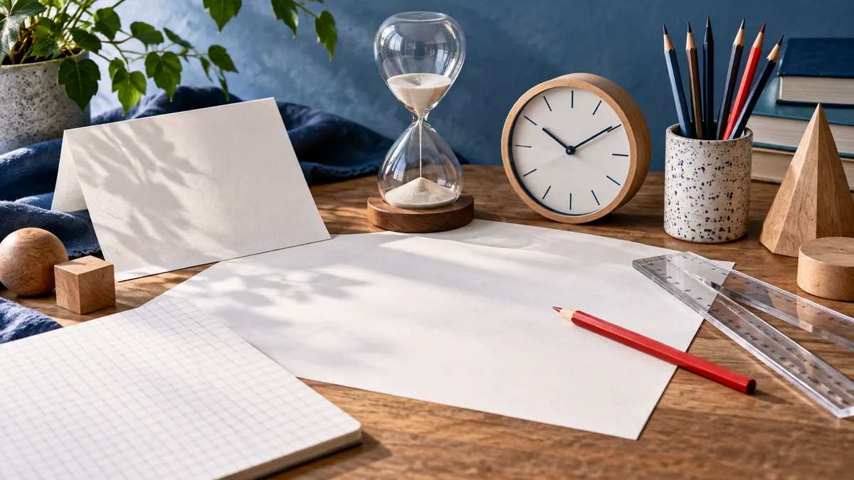 A wooden desk holds blank paper, an hourglass, a round clock, transparent rulers, pencils, wooden shapes, and a gridded notebook.