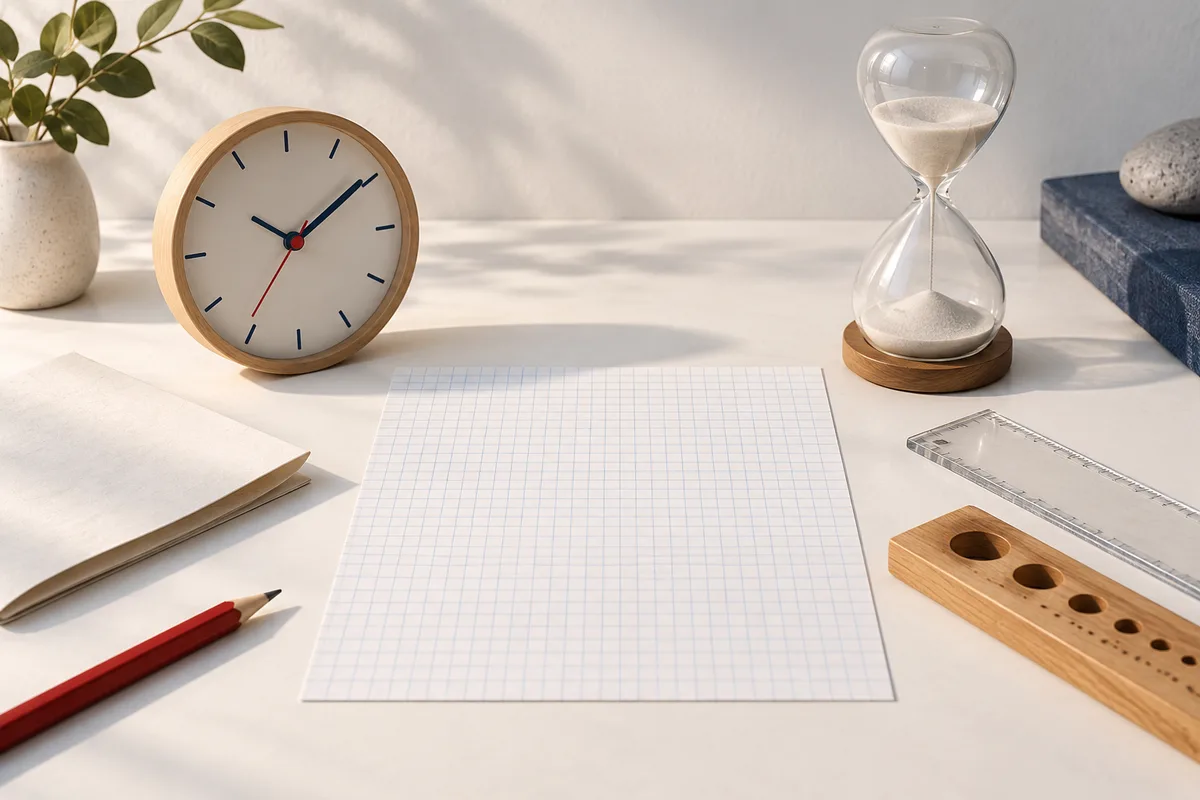 A wooden clock and an hourglass sit on a white table beside blank graph paper, a red pencil, a clear ruler, and a wooden measuring tool.