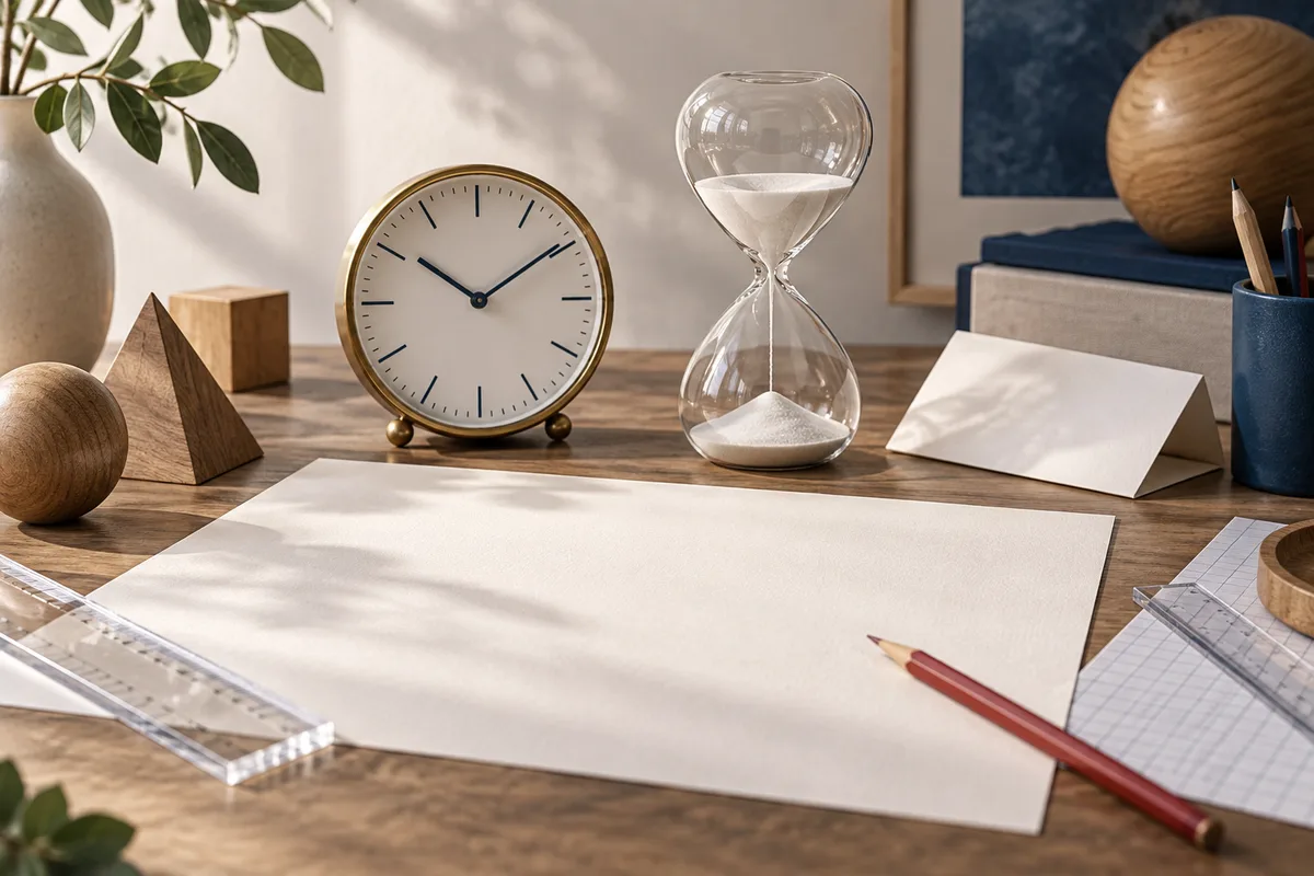 A blank sheet and red pencil sit on a desk with a clock, hourglass, rulers, wooden shapes, and a cup of pencils.