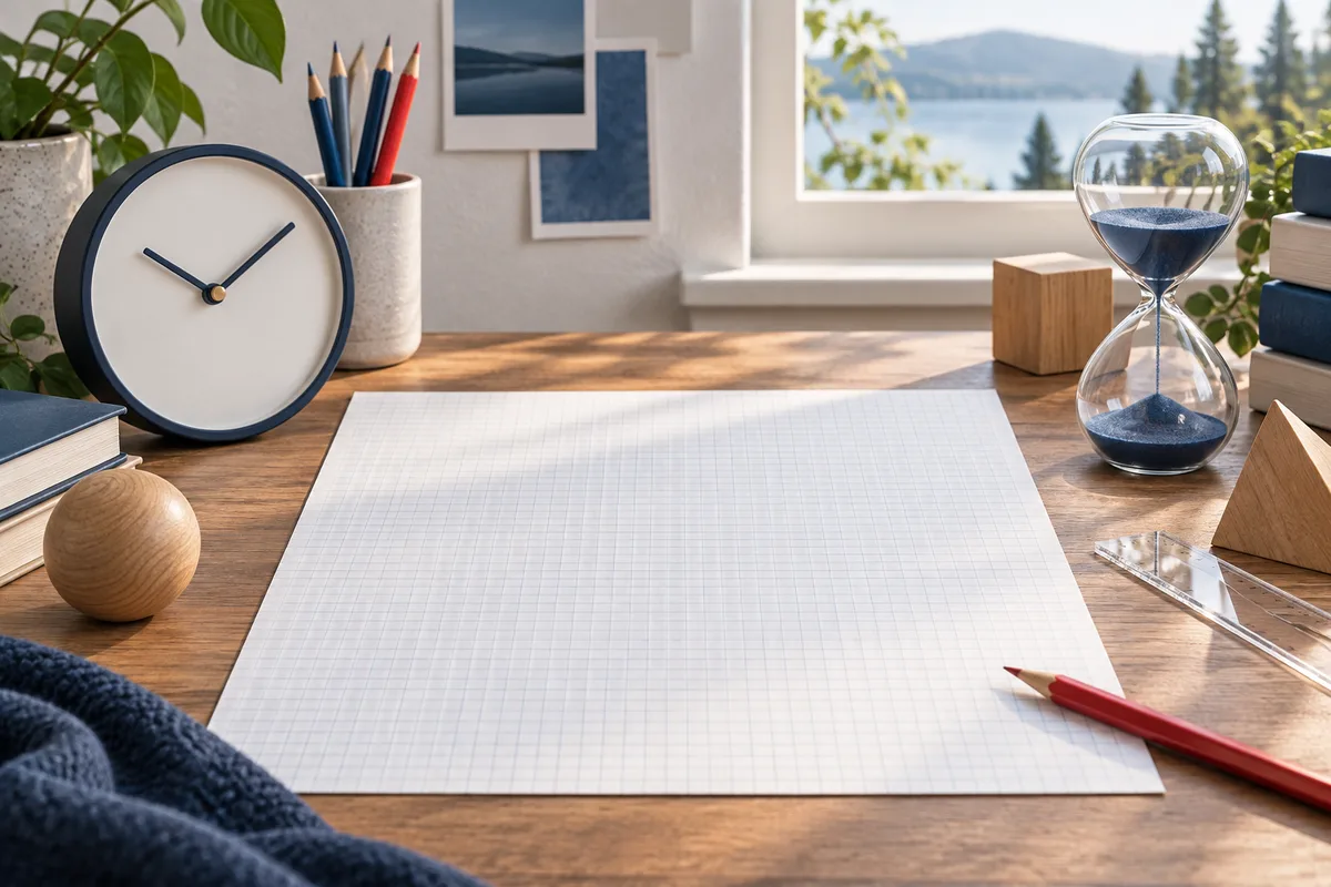 A desk with a blank sheet of graph paper, a clock, an hourglass, pencils, and a ruler by a window.