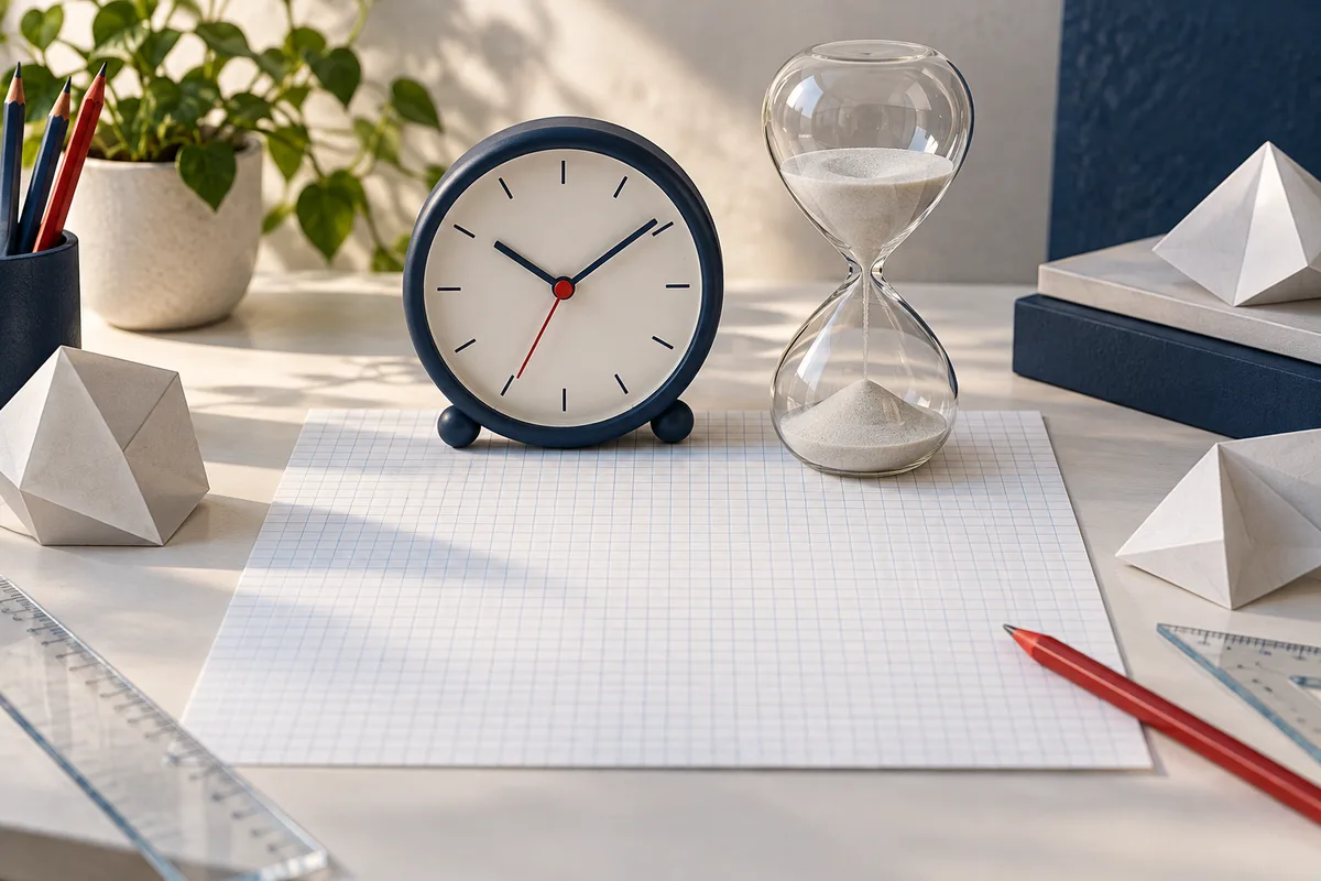 A navy-rimmed clock and glass hourglass sit on blank graph paper, with pencils, rulers, folded paper shapes, and a potted plant on a desk.