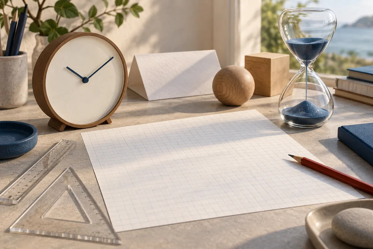 A wooden clock and glass hourglass sit beside blank graph paper, rulers, and a red pencil on a sunlit desk.