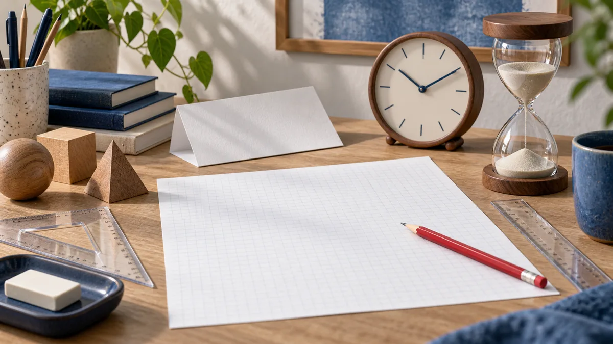 A wooden desk holds a blank gridded sheet with a red pencil, a clock, an hourglass, rulers, wooden shapes, books, a plant, and a mug.