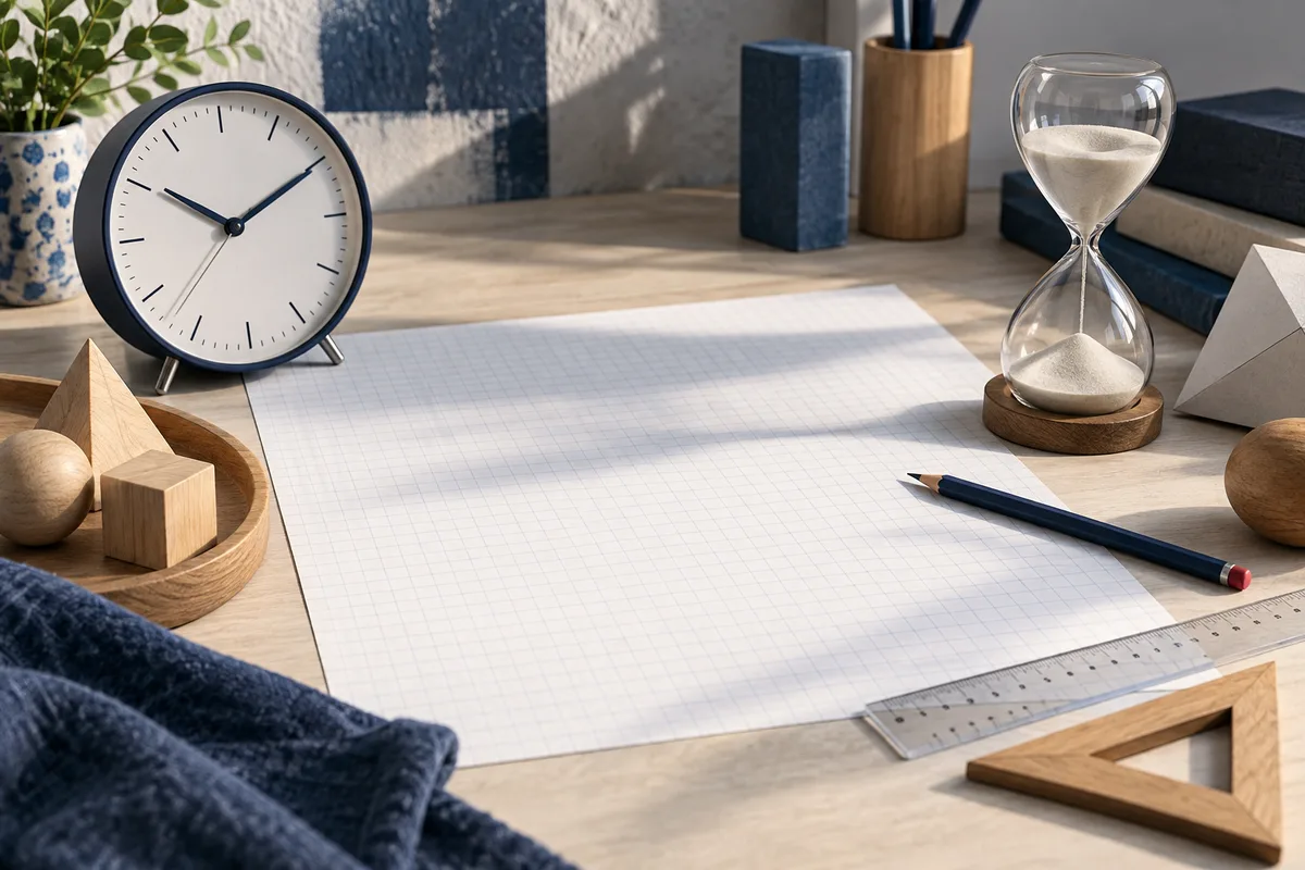 A blank sheet of graph paper lies on a desk beside an analog clock, an hourglass, a pencil, rulers, and wooden geometric shapes.