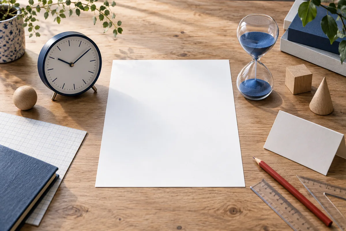 A tabletop holds a blank sheet, an analog clock, a blue hourglass, graph paper, rulers, a red pencil, and wooden geometric shapes.