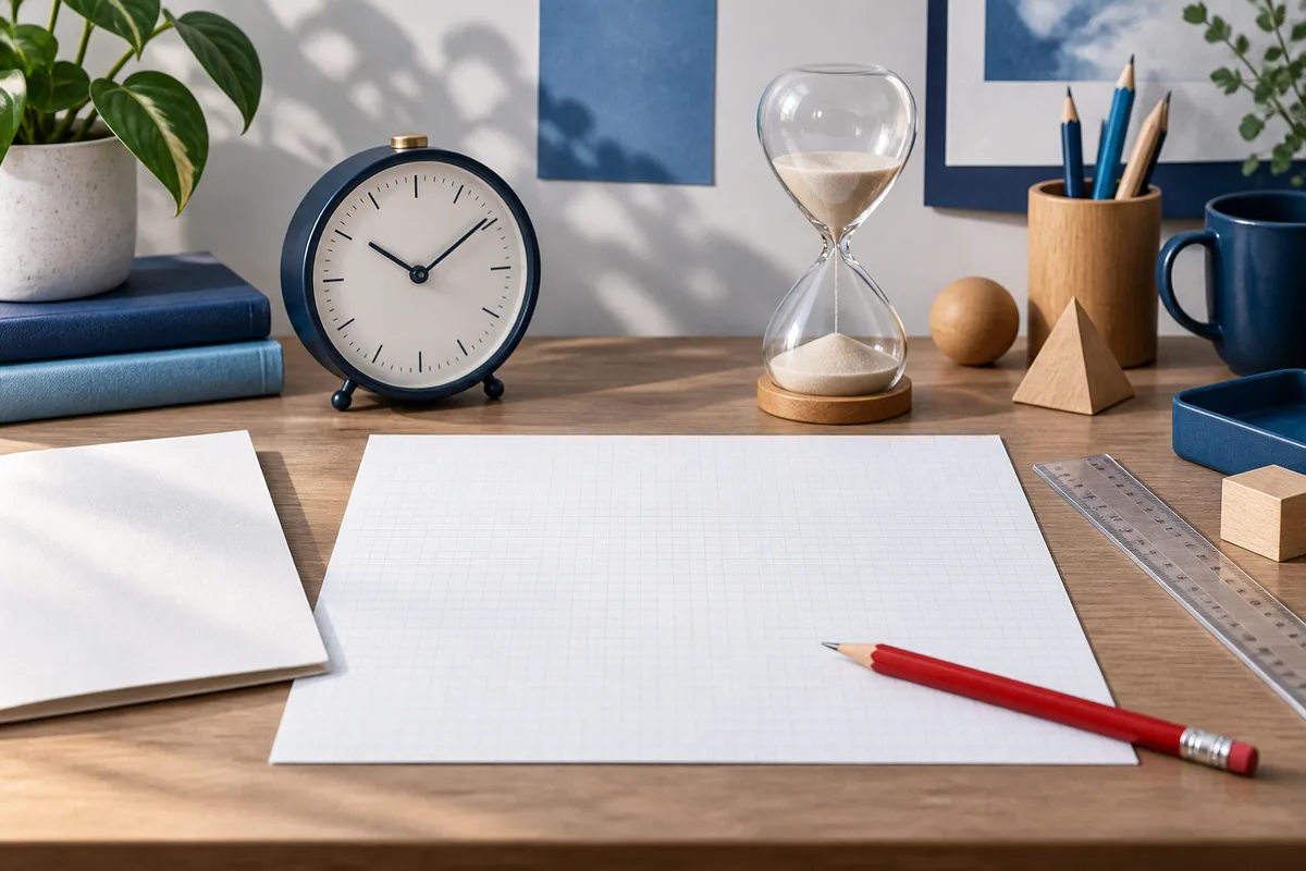 A wooden desk holds a clock, hourglass, blank graph paper, red pencil, ruler, books, wooden shapes, and blue stationery, with plants in the background.