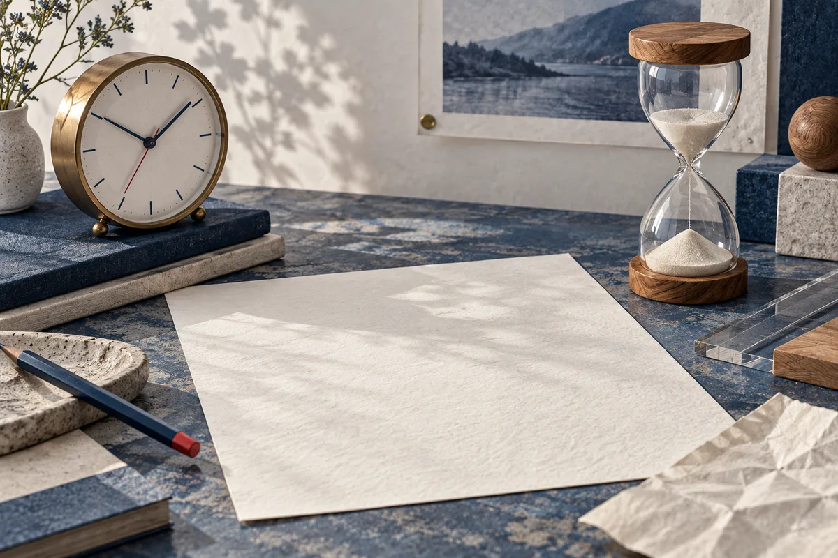 A brass clock and glass hourglass sit beside a blank sheet of paper, a pencil, and a clear ruler on a blue-patterned tabletop.