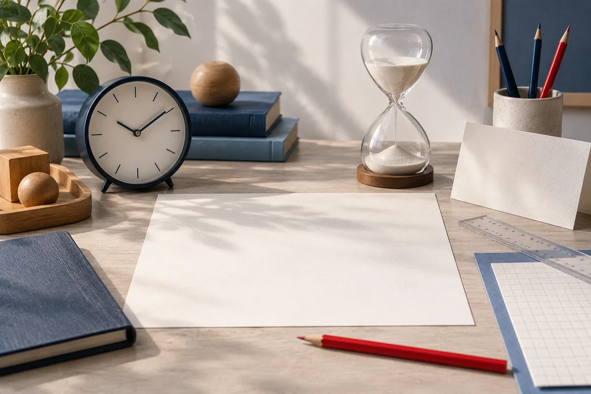 A blank sheet on a tabletop sits between a clock and an hourglass, with pencils, rulers, books, a plant, and wooden objects nearby.