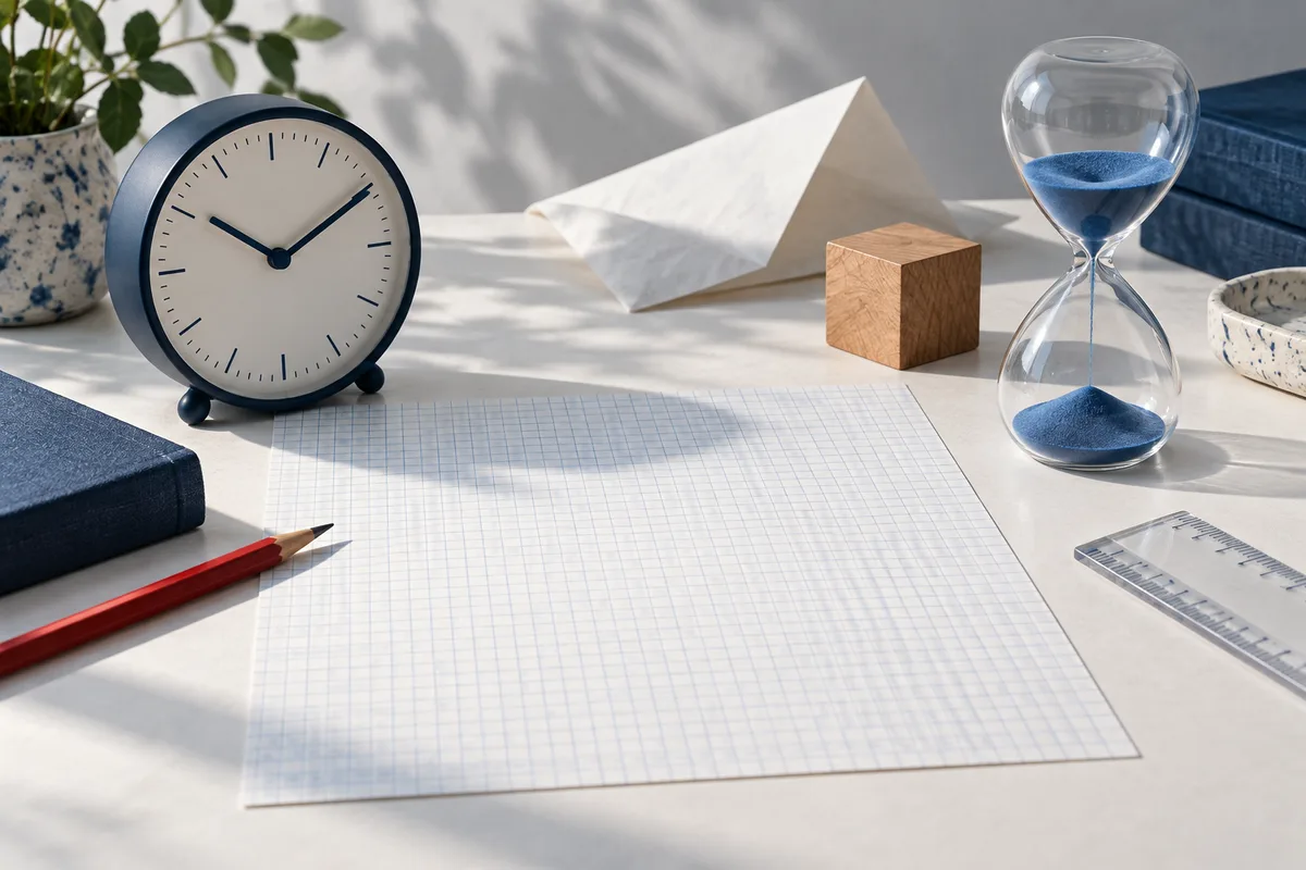 A clock and hourglass sit beside blank graph paper, a folded sheet, a wooden block, a pencil, and a ruler.