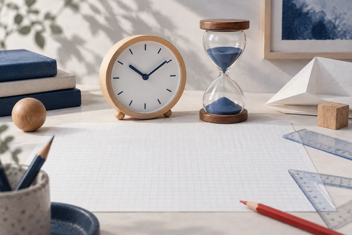 A wooden clock and glass hourglass sit on a gridded sheet, with books, pencils, rulers, a wooden cube, and folded paper nearby.