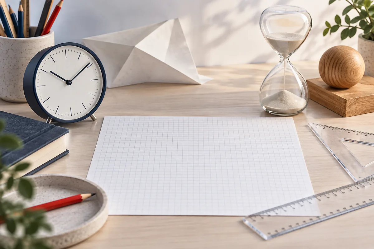 A desk holds blank graph paper, a clock, an hourglass, pencils, rulers, and a wooden sphere, with a folded white paper form behind them.