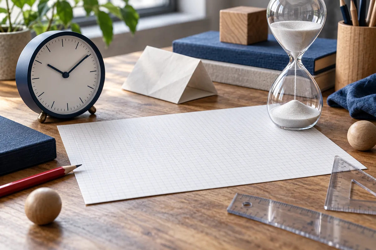 A clock and hourglass sit beside blank graph paper, a folded sheet, pencils, and clear rulers on a wooden desk.
