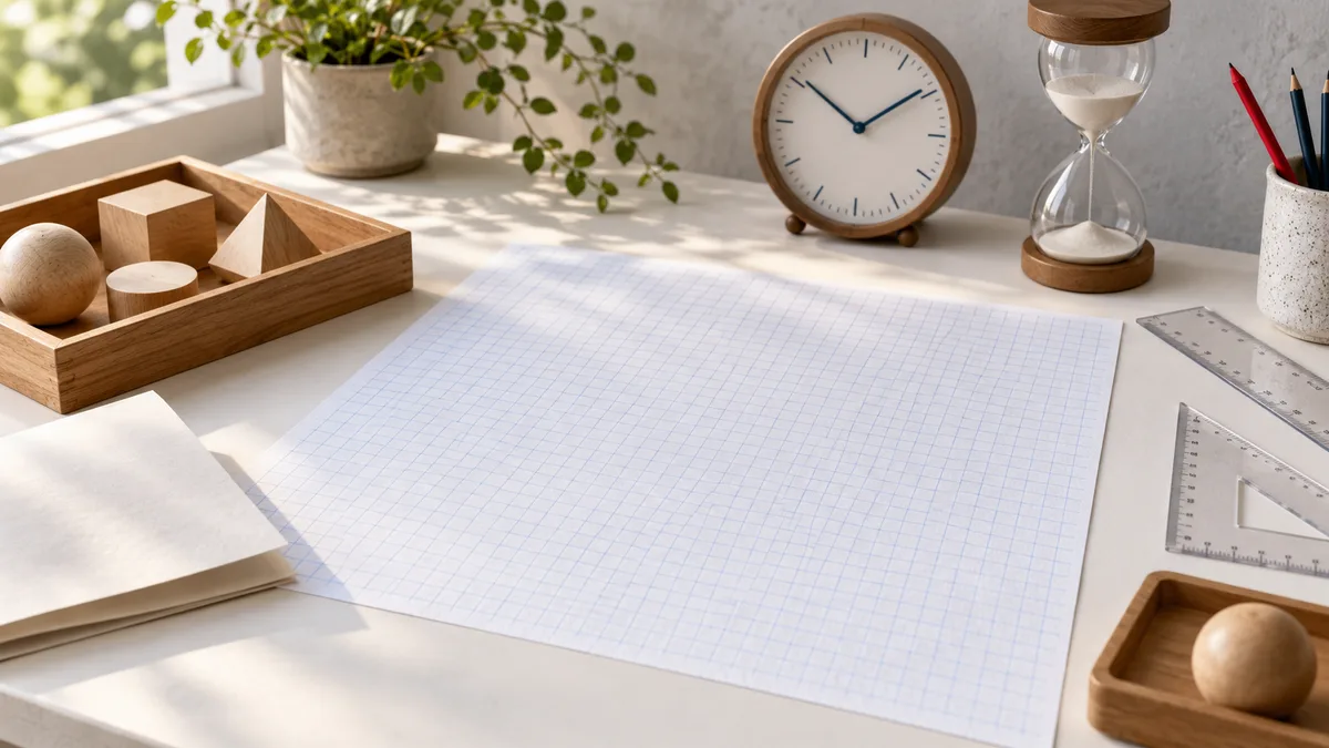 A clock and hourglass sit above graph paper on a sunlit desk with rulers, pencils, and wooden shapes.