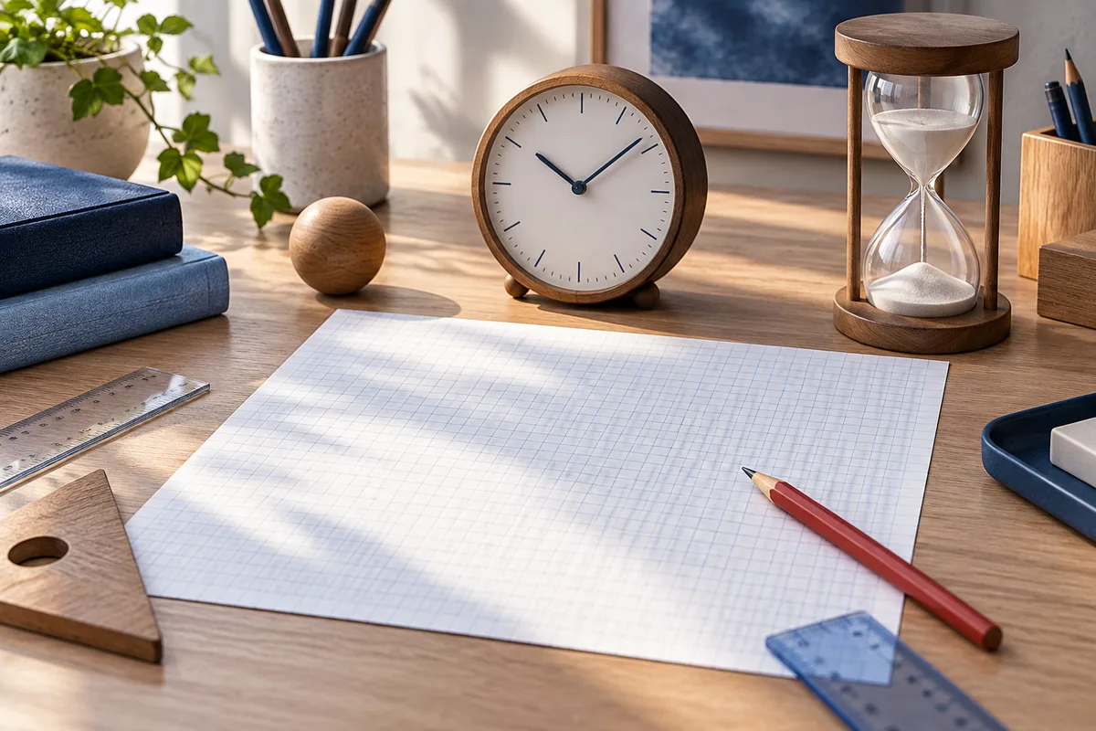A wooden desk holds a blank sheet of graph paper, a red pencil, a clock, an hourglass, rulers, and wooden objects.