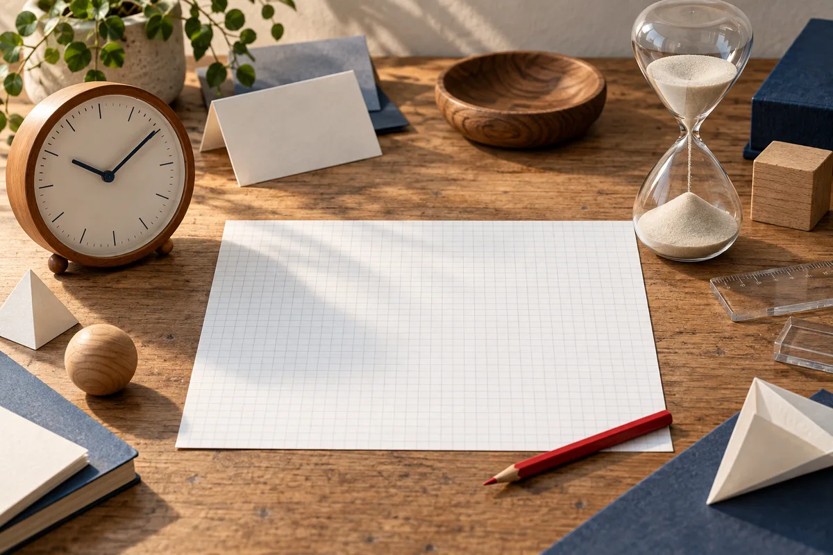 A wooden table holds a round clock, an hourglass, blank graph paper, transparent rulers, pencils and wooden shapes.