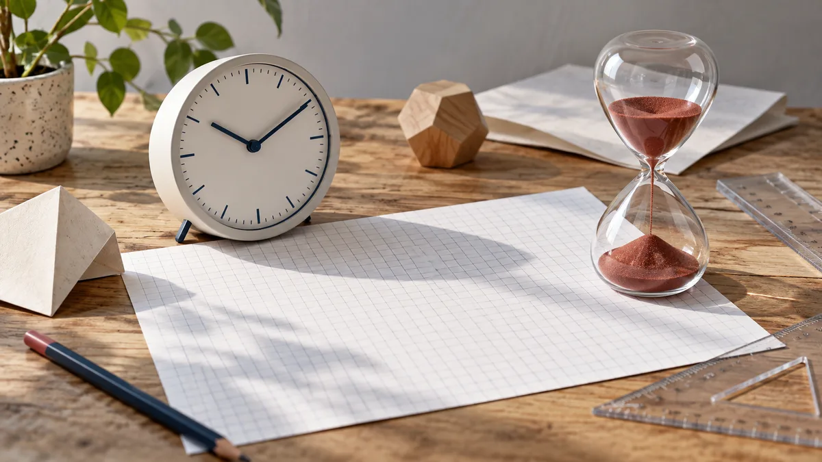 A clock and glass hourglass sit above blank graph paper on a wooden desk, with a pencil and clear rulers nearby.