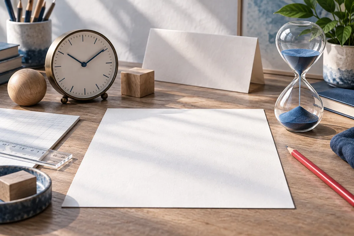 A wooden desk holds a blank sheet of paper, an analog clock, an hourglass, a red pencil, wooden blocks, and a clear ruler.