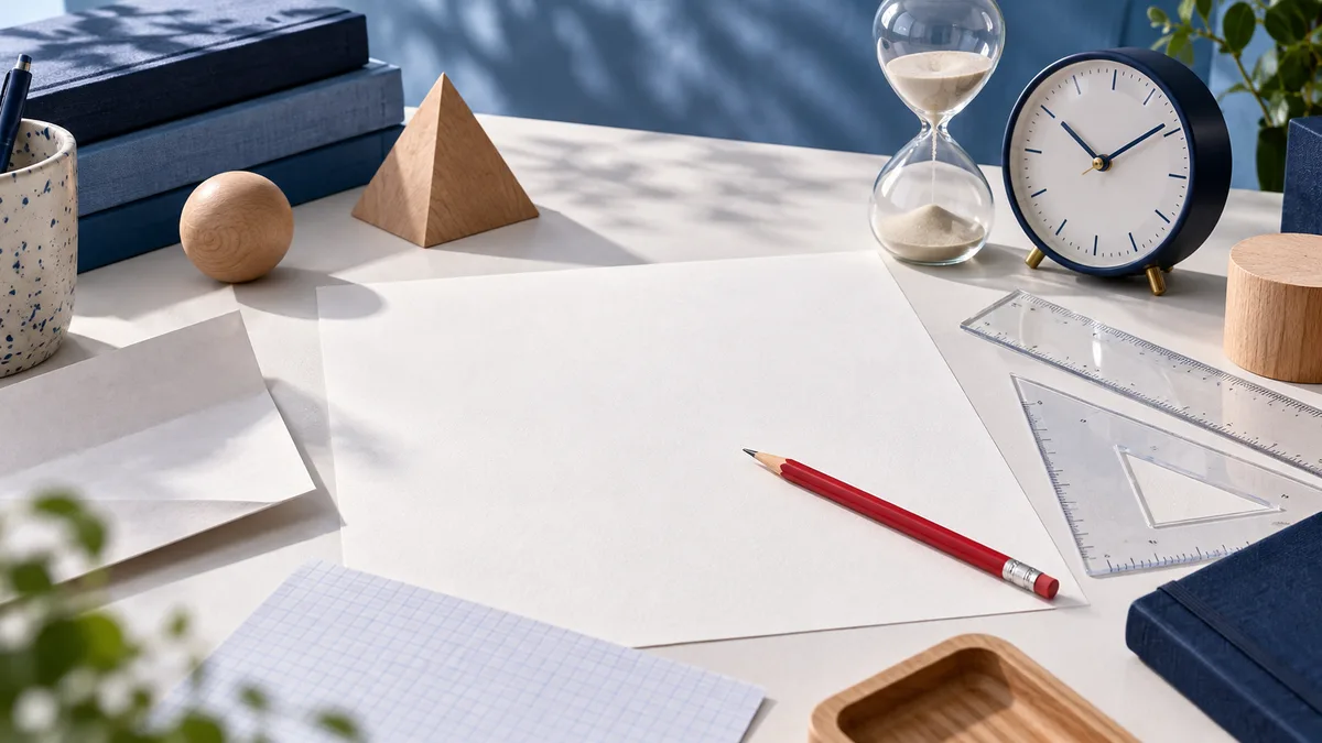 A blank sheet and red pencil lie beside a clock, hourglass, clear rulers, blue books, graph paper, and wooden shapes.