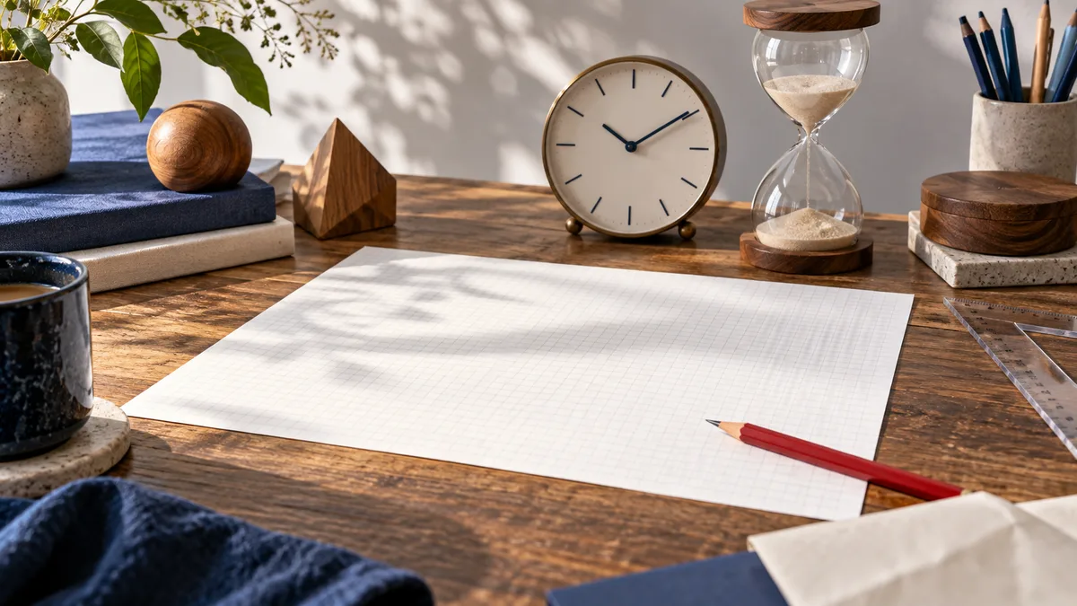 A blank sheet of graph paper and a red pencil sit on a wooden desk beside a clock, hourglass, books, cup, plant, and rulers.