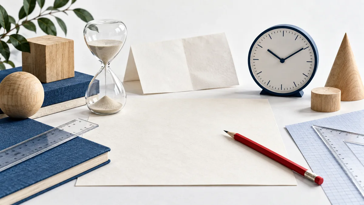 A white tabletop still life with an hourglass, an analog clock, blank papers, a red pencil, rulers, blue books, and wooden geometric objects.