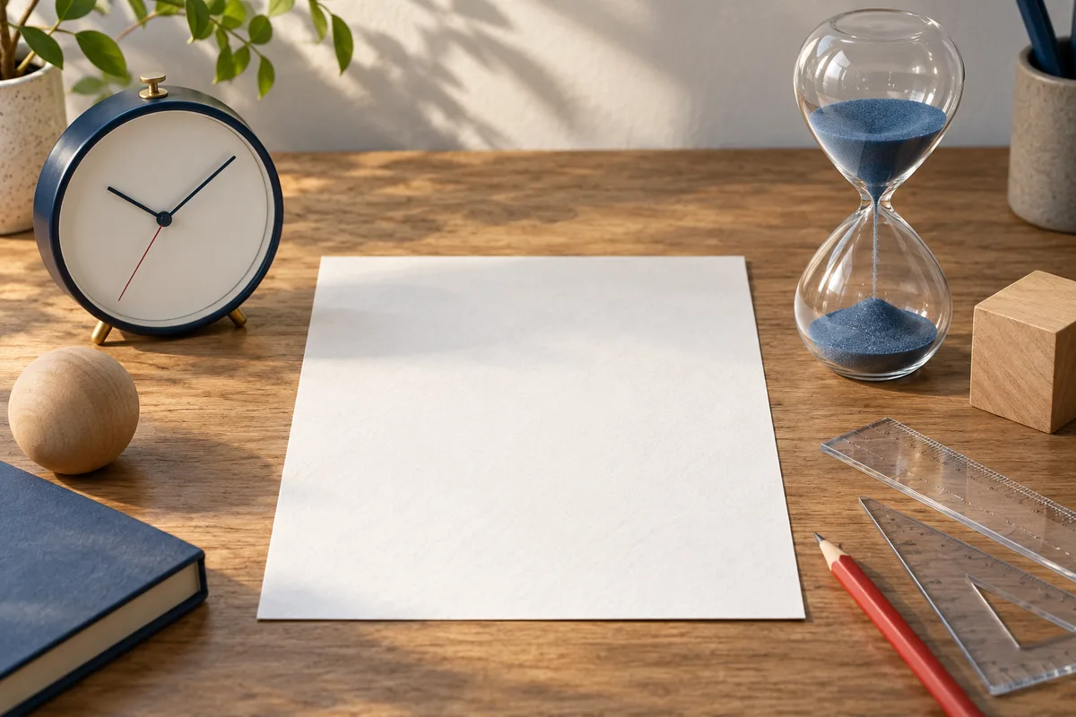 A clock and blue-sand hourglass flank a blank sheet on a wooden desk, with a pencil, clear rulers, a wooden sphere, and a block nearby.