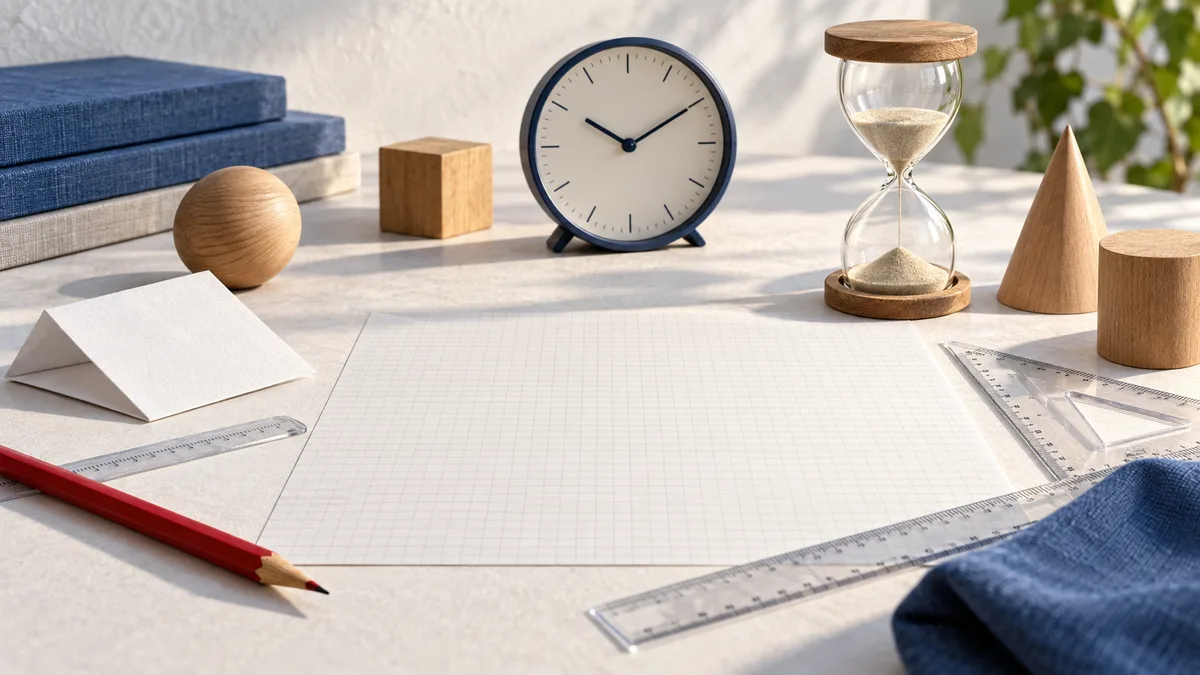 Desk still life with a clock, hourglass, blank graph paper, rulers, a red pencil, blue books, and wooden geometric objects.