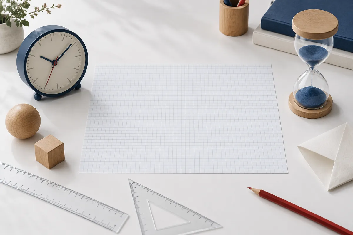 A clock and blue-sand hourglass sit beside a white sheet, wooden shapes, rulers, and a red pencil on a desk.