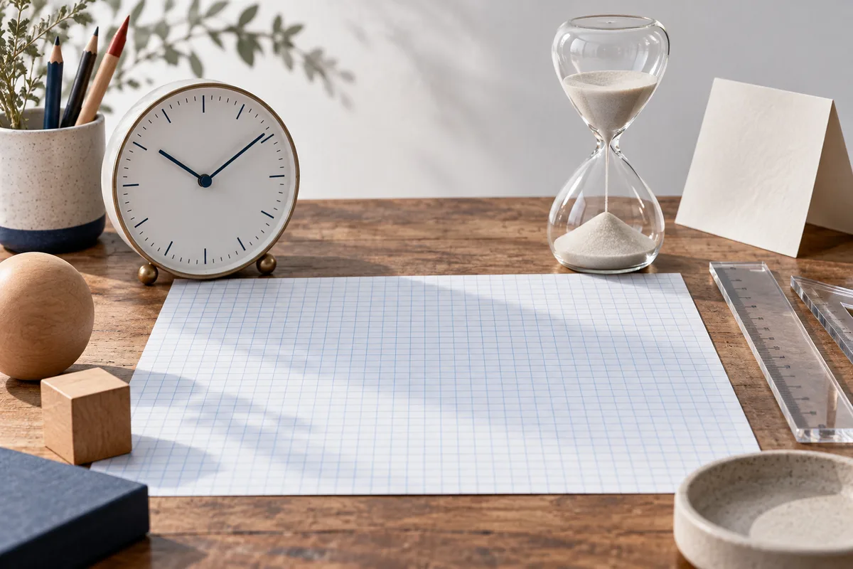 A clock and hourglass sit above blank graph paper on a wooden desk, with pencils, rulers, and wooden blocks nearby.