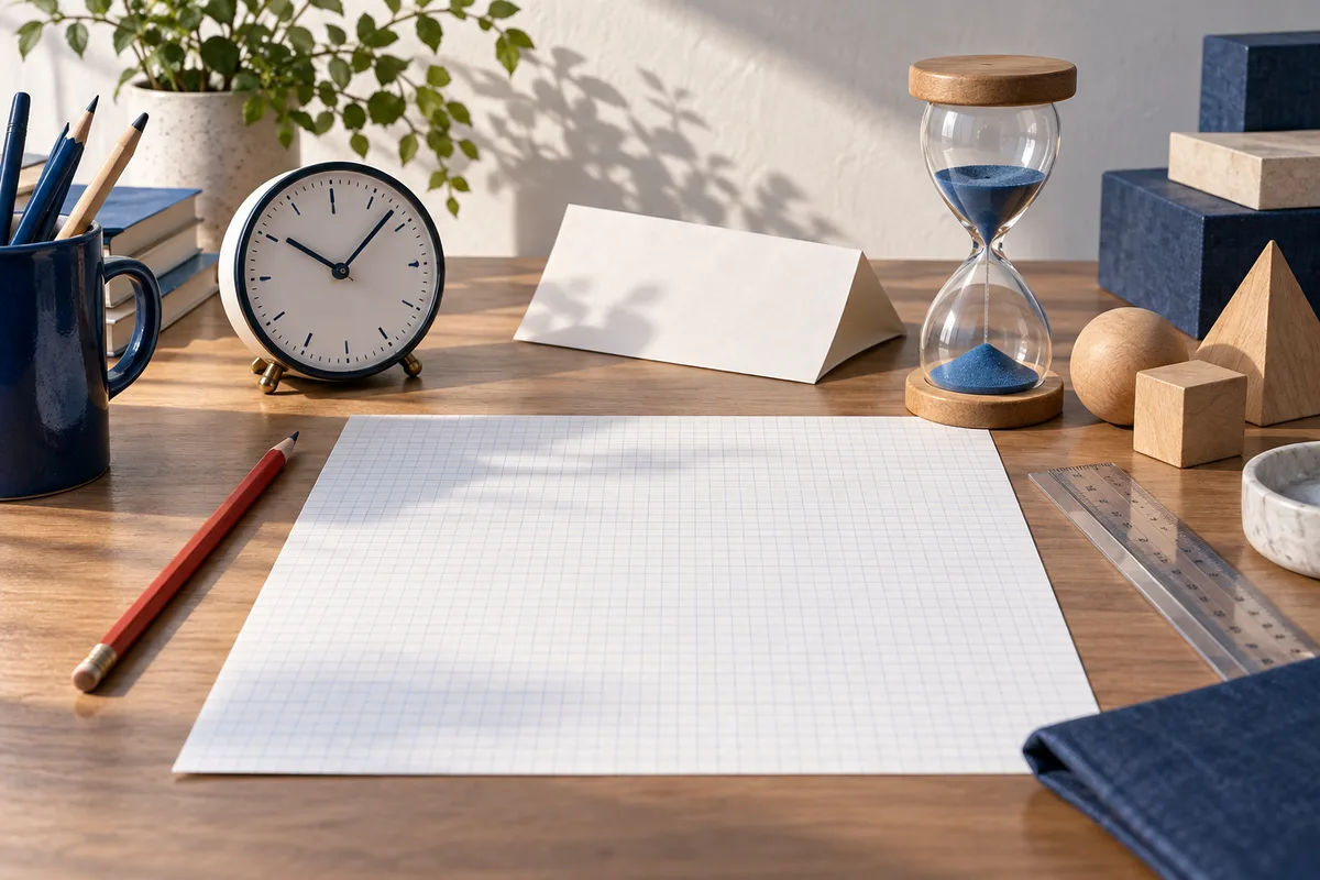 A desk with blank graph paper, a red pencil, ruler, clock, hourglass, wooden shapes, and a folded blank card.