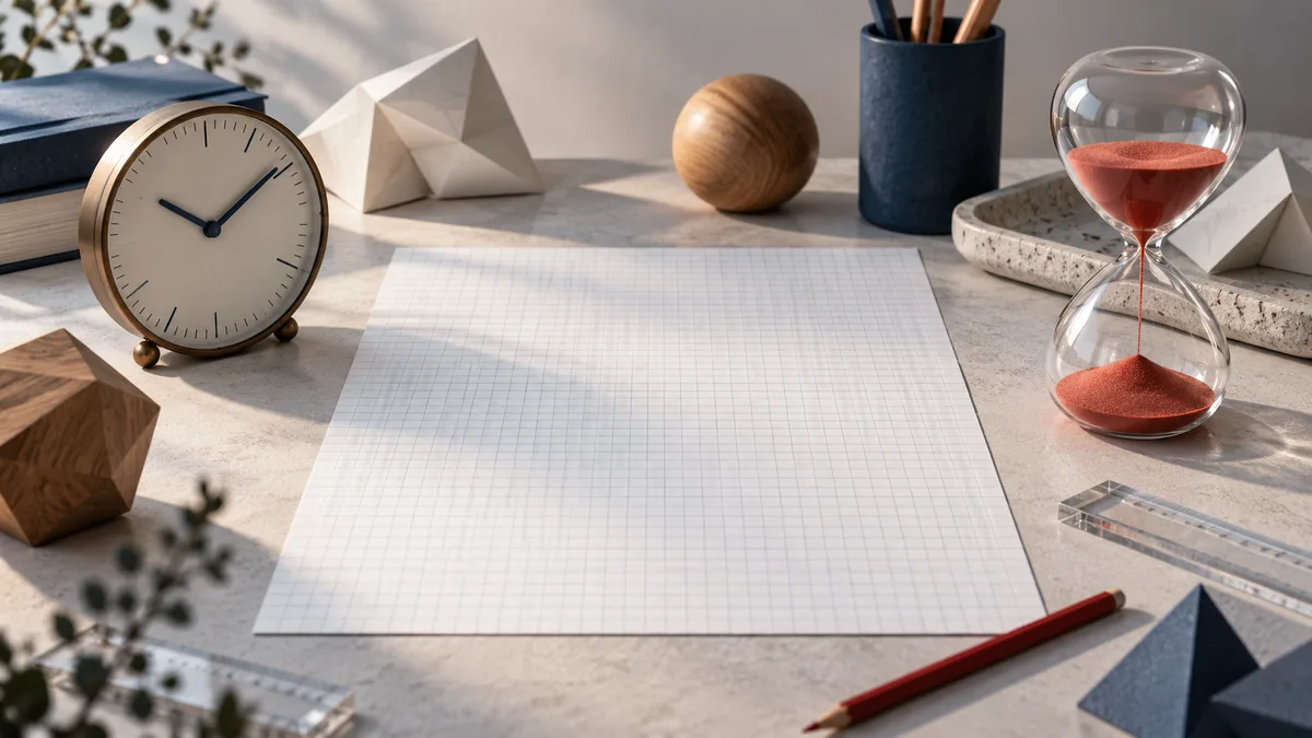 A blank sheet of graph paper lies on a desk beside an analog clock, a red-sand hourglass, a red pencil, clear rulers, and wooden geometric objects.